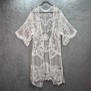 POL Women's S/M White Floral Lace Kimono Robe Romantic Evening Feminine EUC